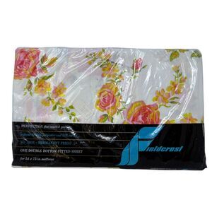 Vintage New‎ Fieldcrest Pink Orange Peace Rose Double Bottom Fitted Sheet 180TC